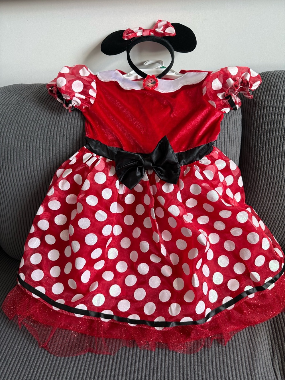 Disney Red and White Polka Dot Minnie Costume Dress with Black Bow and Headband